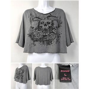 Romwe Skull Graphic Crop Tee Gray L